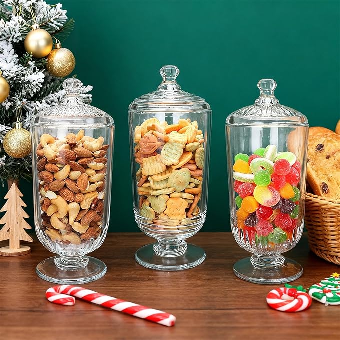24fl oz Glass Candy Jars with Lids,3 Pack Apothecary Jars,Storage Jar for Candy, Cookies, Snacks, Kitchen Pantry, Clear Glass Jar for Countertop Display & Party Favors