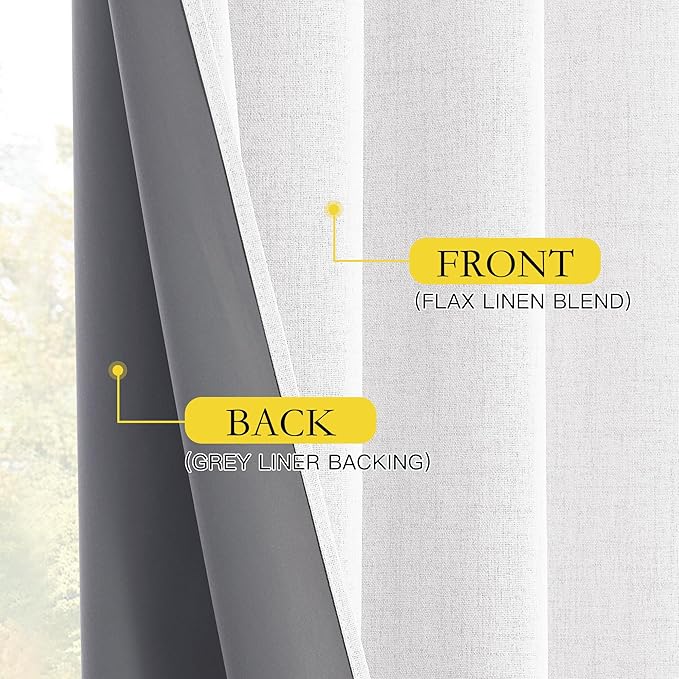 NICETOWN 100% Blackout Linen Curtains for Bedroom, Thick Insulated Rod Pocket & Back Tab Full Light Blocking Draperies with Gray Liner for Night Shift Workers (Set of 2, 52 by 78-inch, Greyish White)