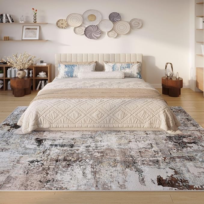 Rugcomf Modern Abstract 5'x7' Area Rugs - Machine Washable, Non-Slip Low Pile Boho Carpet for Living Room, Bedroom, Dining Room, Farmhouse, Kids Playroom, Office - Brown