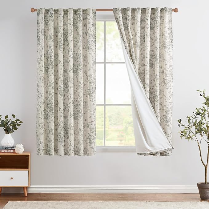 jinchan Lined Linen Blend Curtain Floral Curtains for Living Room 63 Inch Length Grey Peony Flower Printed Curtain Back Tab Farmhouse Patterned Drapes Bedroom Window Curtains Set 2 Panels