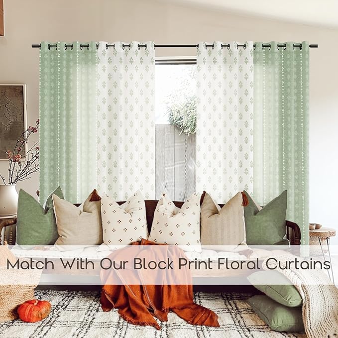 Botanical Curtains Green Leaf Print,Vine Sheer Unique Boho Floral Eclectic Chinoiserie Curtains for Bedroom Living Room 96 Inches Long