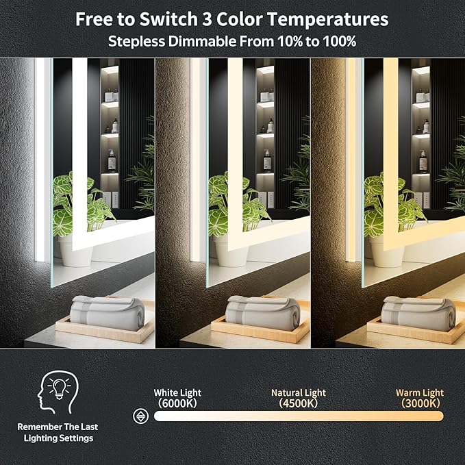 48"x36" LED Bathroom Mirror with Lights, Backlit + Front Lit with CRI>90, Lighted Mirror for Bathroom, Anti-Fog, Dimmable Brightness, 3 Colors, Memory Function, Shatterproof Tempered Glass