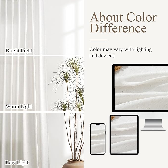 Aersas Natural Linen Curtains 90 Inches Length for Living Room Flax Texture Wave Fabric Semi Sheer with Rod Pocket Back Tab for Bedroom Balcony Light Filtering Neutral Home Decor 52x90