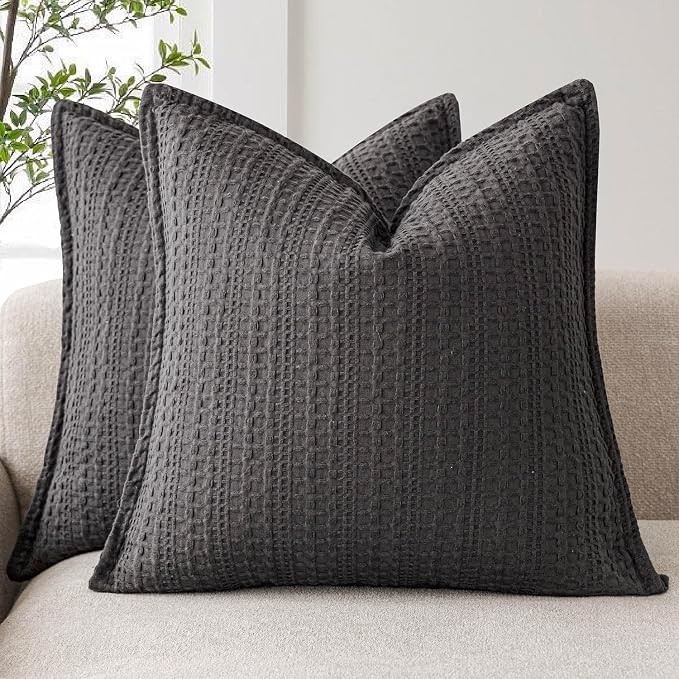 Foindtower Set of 2 Decorative Cotton Waffle Weave Throw Pillow Covers Euro Shams Cushion Covers Accent European Pillowcase for Bed Couch Sofa Bedroom Living Room Home Decor 26×26 Inch Dark Grey