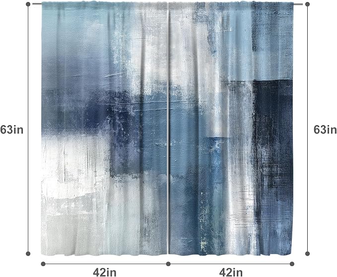 MESHELLY Abstract Navy Blue Curtains 42W x 63H Inch Rod Pocket Grey Art Painting Modern Contemporary Watercolor Cool Oil Print Living Room Bedroom Window Drapes Fabric 2 Panel