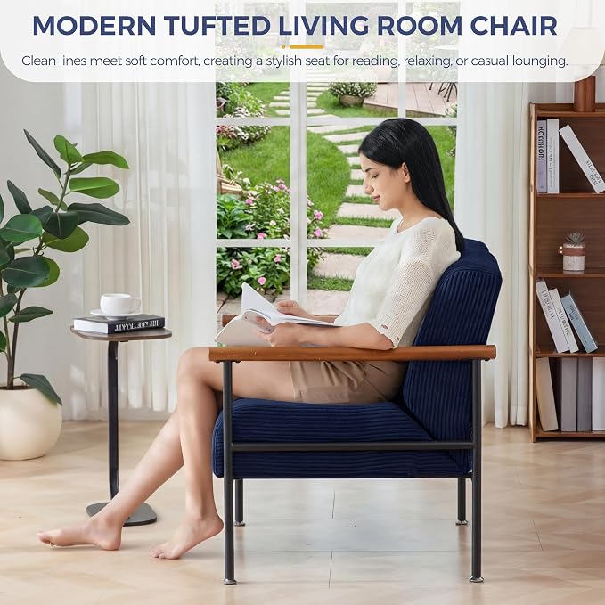 MAXYOYO Living Room Accent Chair, Modern Chair with Metal Frame | Upholstered Reading Chair Modern Living Room Chair with Support Cushion for Bedroom Balcony Porch, Navy