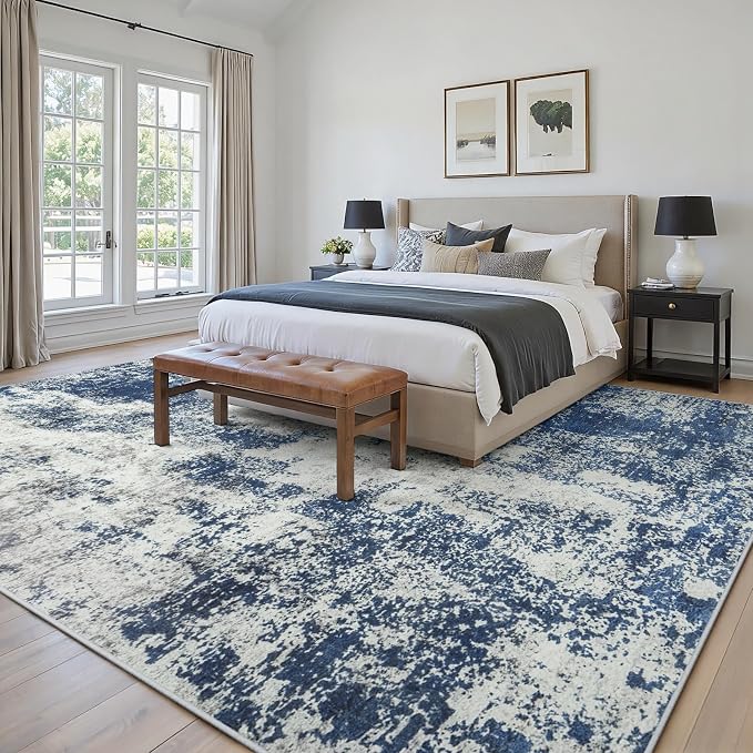Area Rugs 10x14 Living Room: Large Soft Washable Rug Modern Abstract Anti-Skid Non-Shedding Carpet Indoor Floor Thin Carpets for Bedroom Dining Room Farmhouse Nursery Home Office Blue