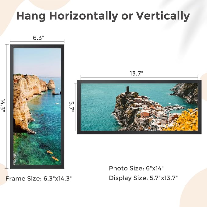FLYJOE 6x14 Metal Picture Frame - Black Aluminum Picture Frames with Real Glass, Wall Mounting Horizontally or Vertically, Simple and Elegant Decor for Wall Gallery Poster Photo 14x6 Frames, Black