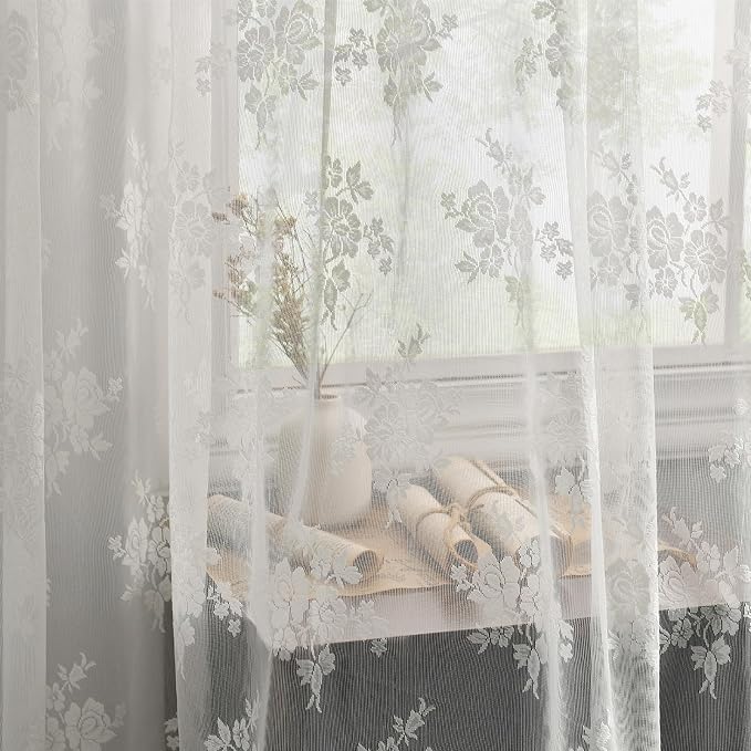 Kotile 30 Inch Length Lace Curtains Short for Door Small Windows, 2 Panels Rustic Floral Retro Vintage Short Lace Curtains, Rod Pocket Privacy Sheer Kitchen Café Curtain, 42 x 30 Inch, Ivory