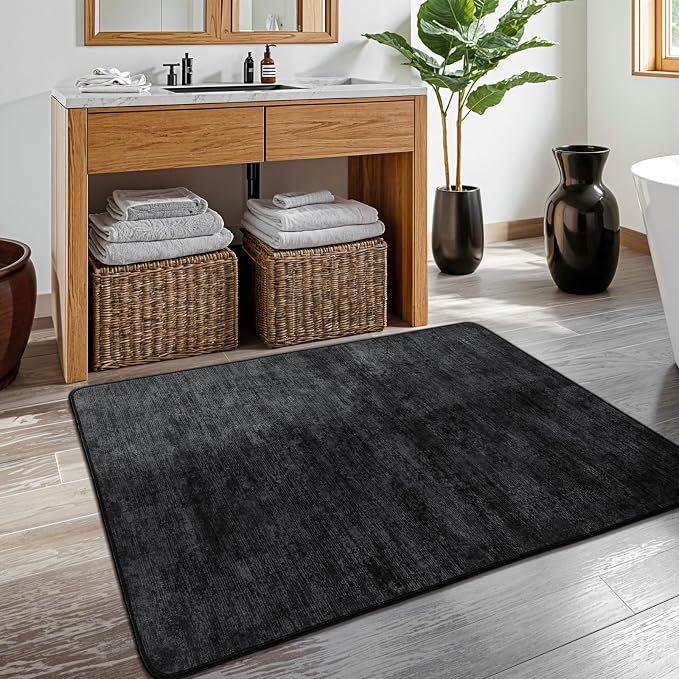 3x5 Washable Area Rug, Black Solid Area Rugs for Living Room & Bedroom | Stain-resistant & Non-slip backing,Low Pile Washable Large Carpet, Solid Vintage Style For High Traffic Areas(3x5,Black)