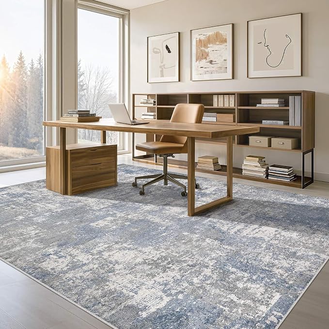 Tortania Washable 10x12 Area Rug for Living Room: Modern Abstract Neutral Large Soft Thin Rugs - Non Slip Indoor Carpet for Bedroom Dining Room Office Nursery Home Floor Decoration - Blue Grey