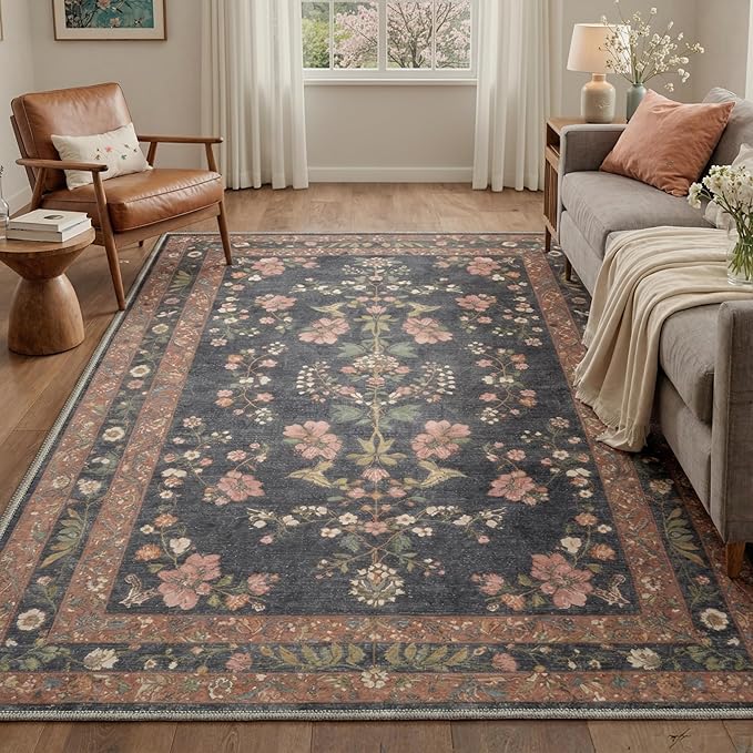 GENIMO 5x7 Area Rugs for Living Room, Machine Washable Non Slip Vintage Rugs, Low Pile Lightweight Chenille Print Rug for Bedroom, Dining Room, Home Office, Dusty Charcoal