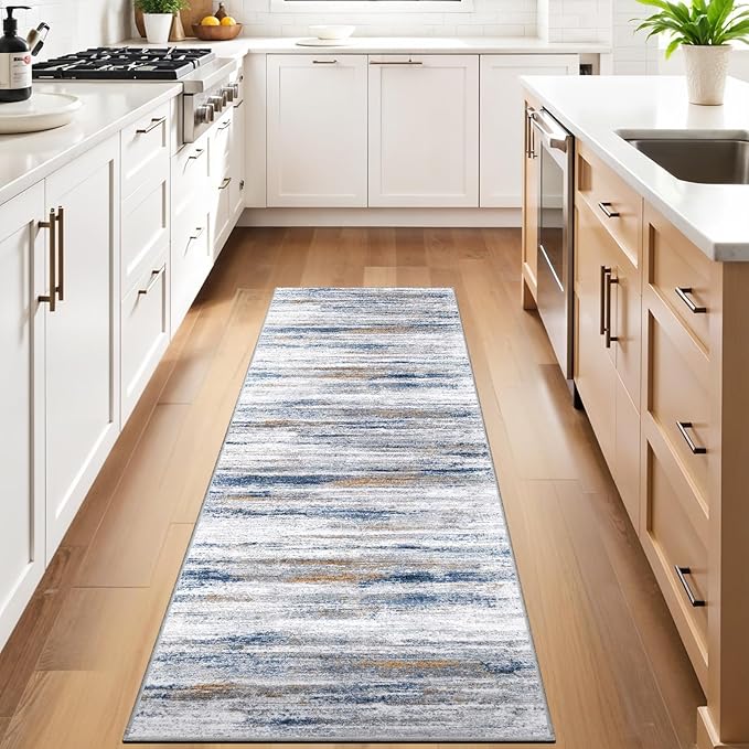 3x8 Washable Runner Rug for Family: Easy-to-Clean Runners for Hallway Entryway Kitchen Bedroom - Stain and Water Resistant Rugs with Non-Slip Backing - Soft Low-Pile Carpet Navy Grey