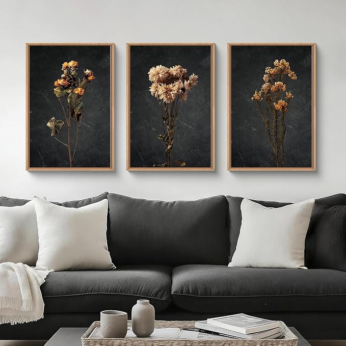 HOURIA Dark Moody Dried Floral Framed Canvas Wall Art Set,Vintage Mid Century Black Flower Wall Decor,Retro Boho Minimalist Wildflower Botanical Artwork for Living Room,Bedroom,Farmhouse- 16"x24"x3
