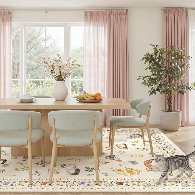 Soalmost Cat 8x10 Area Rugs for Living Room, Machine Washable Animal Floral Vintage Rug Non-Slip Low Pile Soft Throw Large Rugs for Classroom Bedroom Dining Room Nursery Playroom (8 x 10,Beige)