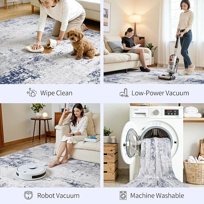 Area Rugs 8x10 Living Room: Large Modern Abstract Washable Rug Soft Anti-Skid Non-Shedding Carpet Indoor Floor Thin Carpets for Bedroom Dining Room Farmhouse Nursery Home Office Night Blue Grey