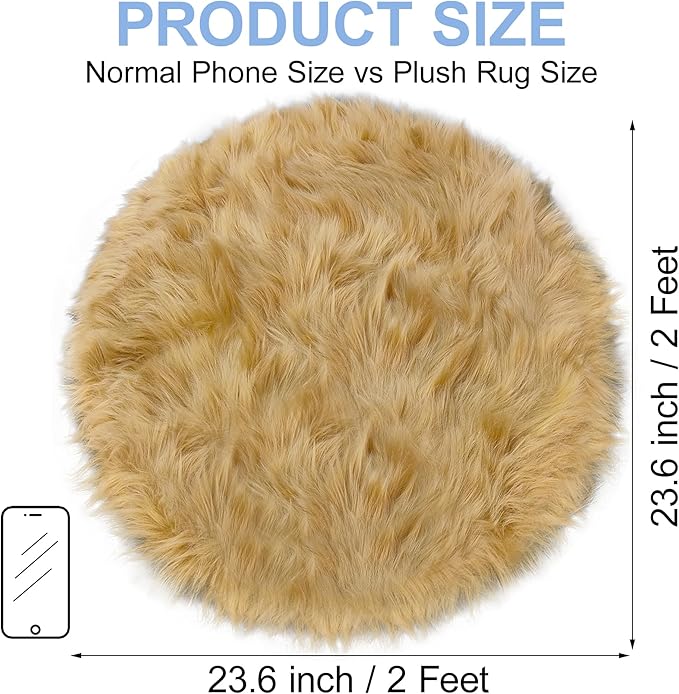 Khaki Faux Fur Round Rug for Bedroom, Fluffy Circle Rugs 2 2 Feet for Kids Room, Furry Carpet for Teen Girls Room, Non-Slip Shaggy Circular Rug Plush Rug