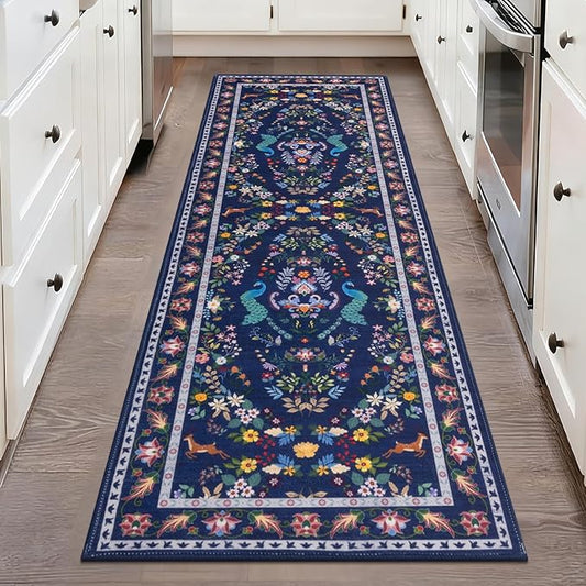 HEBE Washable Hallway Runner Rug 2'x 6' Non Slip Kitchen Rugs Runner,Low Pile Entryway Rug Laundry Room Mat Floral Carpet Runners for Hallways, Kitchen,Bathroom,Laundry,Bedside Rug