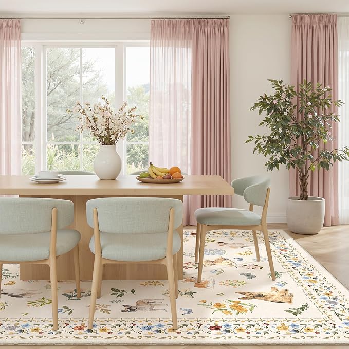Soalmost Dog 8x10 Area Rugs for Living Room, Machine Washable Animal Floral Vintage Rug Non-Slip Low Pile Soft Throw Large Rugs for Classroom Bedroom Dining Room Nursery Playroom (8 x 10,Beige)