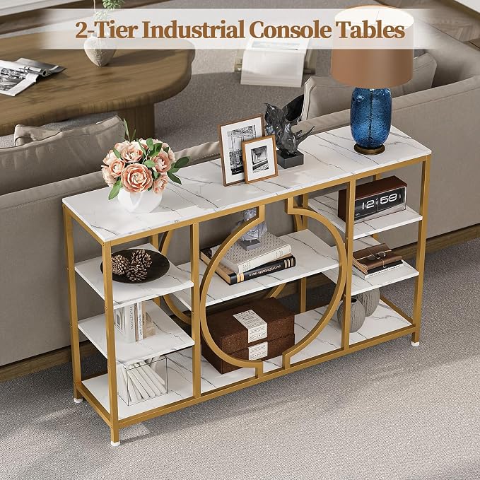 GiftGo 47" Industrial Console Tables for Entryway Rustic Sofa Table Behind Couch 4 Tier Wooden Shelves Entry Table with Storage for Foyer, Hallway, Front Door,Living Room (White Gold, 47")
