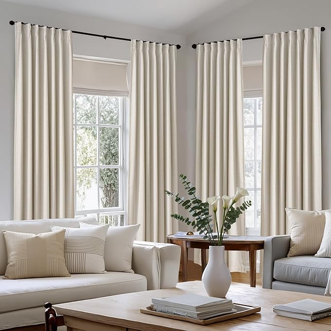 NICETOWN PRO 100% Blackout Beige Curtains for Living Room, Pinch Pleated Linen Blend Window Treatments Thermal Drapes Sound Dampening for Bedroom, W40 x L102, 2 Panels