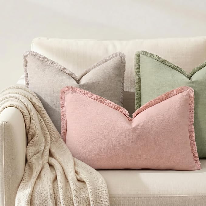 decorUhome Linen Fringe Lumbar Throw Pillow Covers Set of 2 Decorative Pink Pillow Covers with Tassels Soft Accent Boho Farmhouse Pillow Cases for Couch Bed Sofa 12x20 Inch