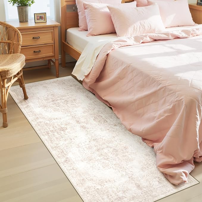Area Rug 2x6 Runner Rug: Washable Vintage Hallway Rugs Indoor Medallion Rug Low Pile Distressed Floor Carpet Retro Accent Rugs for Kitchen Bedroom Bathroom Dining Room(Retro Beige, 2'x6')