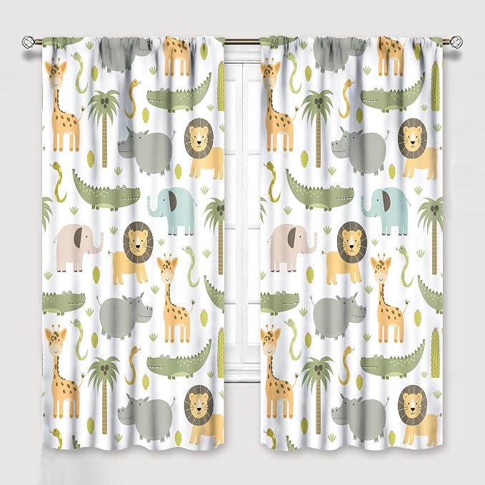 Nursery Safari Animals Curtains, Baby Boy Girl Kids Woodland Jungle Forest Lion Elephant Printed Curtains for Living Room Bedroom Window Drapes 2 Panel Sets72x63 Inch