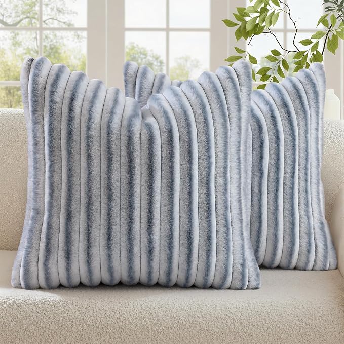 decorUhome Fall Cozy Faux Fur Throw Pillow Covers 20x20 Set of 2 Decorative Soft Plush Striped Modern Farmhouse Boho Couch Pillow Cases with Velvet Back for Sofa Bed Living Room, Grey White