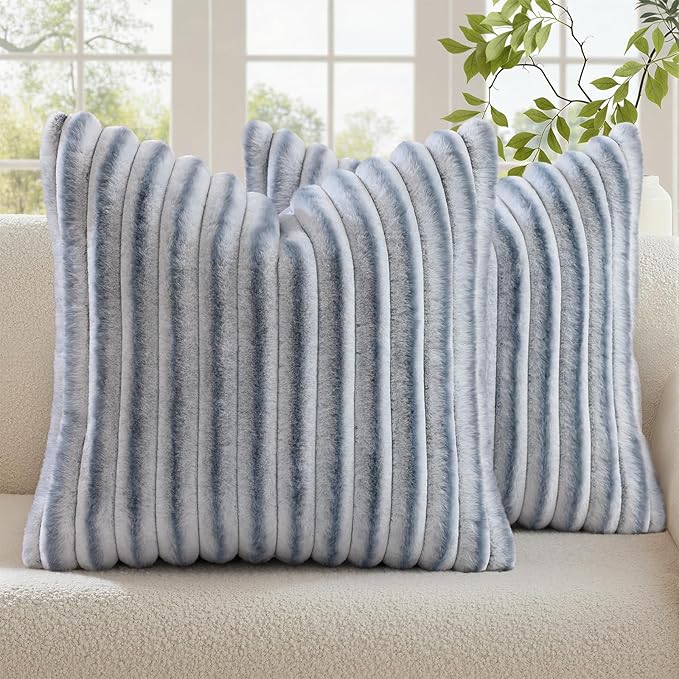 decorUhome Fall Cozy Faux Fur Throw Pillow Covers 26x26 Set of 2 Decorative Soft Plush Striped Modern Farmhouse Boho Couch Euro Sham Pillow Cases with Velvet Back for Sofa Bed Living Room, Grey White