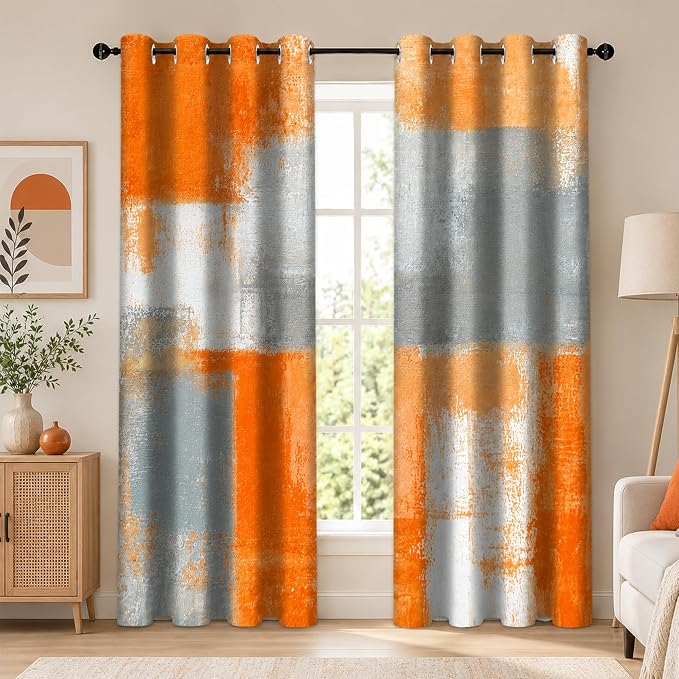 iTapnoom Abstract Orange Grey Blackout Curtains, Beige Aesthetic Art Painting Window Drapes Darkening Grommet Window Curtains for Living Room Bedroom Decor 2 Panels 52"x96" Inch