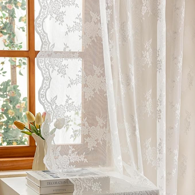 MEETSKY White Lace Curtains 36 Inch Length 2 Panels, Victorian Floral Pattern White Sheer Curtains for Kitchen and Bathroom Mini Curtains Over Sink for Small Windows Camper Cafe 26" W Each Panel
