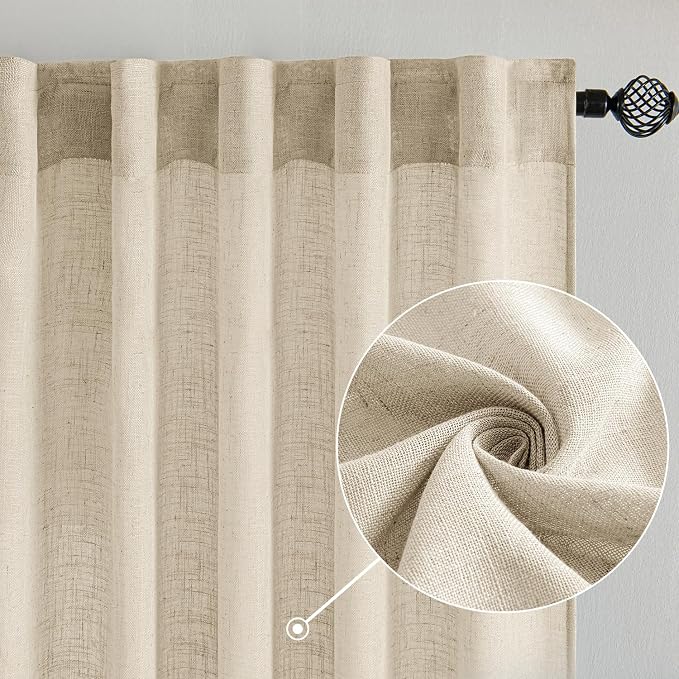 MIULEE Linen Curtains 63 Inch Length 2 Panels for Bedroom Living Room, Soft Thick Linen Textured Back Tab Kitchen Window Drapes Semi Sheer Light Filtering Rod Pocket Modern Farmhouse Decor