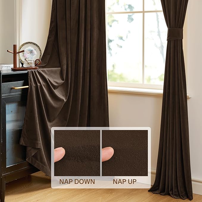 StangH Brown Velvet Blackout Curtains 108 inches Rod Pocket, 2 Panels | Fall Curtains, 300GSM Heavy Soft Velvet, Thermal Insulated, Energy Saving, Bedroom, Living Room, Dining Room, Luxury