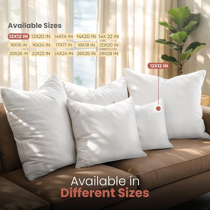 Utopia Bedding 12x12 Pillow Inserts, Set of 2, White – Indoor Decorative Throw Pillows for Bed, Sofa & Couch – Soft, Supportive & Fluffy Cushion Inserts
