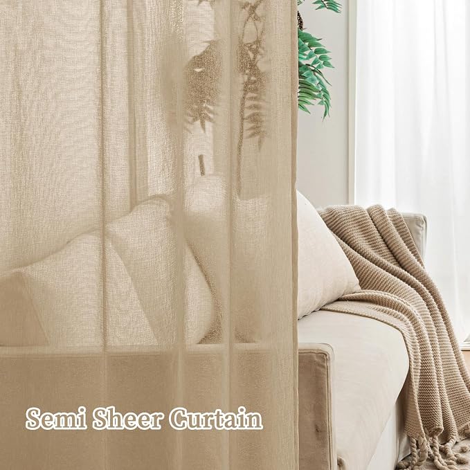 MIULEE 2 Panels Beige Khaki Sheer Window Curtains Elegant Grommet Top Window Voile Drapes/Treatment Linen Textured Panels for Bedroom Living Room (54X72 Inches)