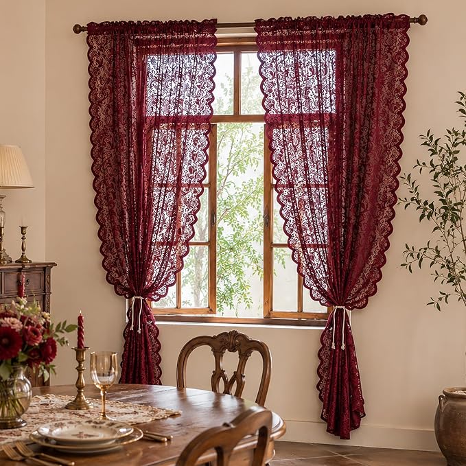 ALIGOGO Wine Red Lace Curtains 108 Inche Long Set of 2, Modern Sheer Burgundy Curtains for High Ceiling Dining Room, French Romantic Rod Pockert Privacy Window Treatments Neutral Decor, 52x108