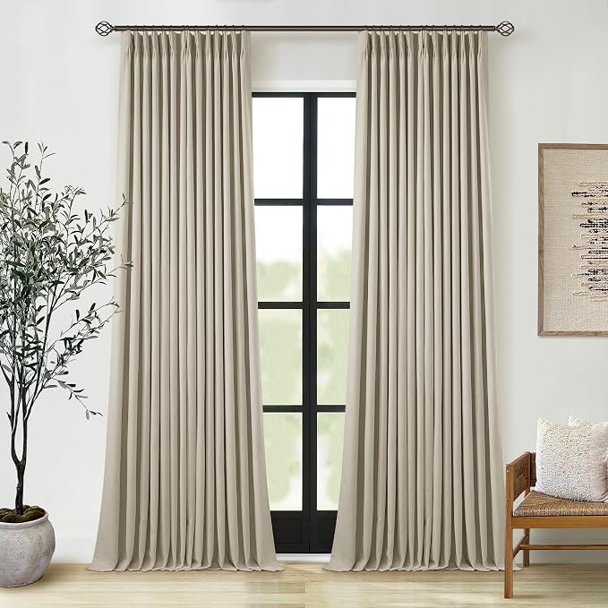 Burlywood Birch Pinch Pleated 105 Inch Linen Blackout Curtains 2 Panels for Living Room Bedroom Thermal Insulated 100% Black Out Linen Drapes with Liner Room Darkening Window Curtains 40x105 Taupe