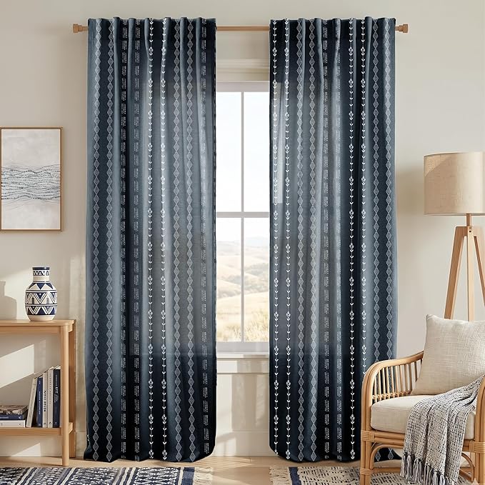 Navy Blue and White Patterned Curtains,Floral Boho Striped Print Farmhouse Winter Pattern Curtains for Living Room Bedroom 84 Inch Length