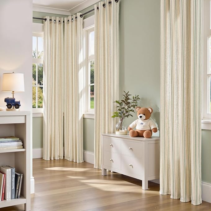 jinchan Linen Curtains 63 inch Green Stripe for Kids Room Grommet 2 Panels | Kids Curtains for Nursery Living Room Bedroom Baby Boys Room,Cute Colorful Ticking Stripe,Cottagecore Rustic,Light Filtering
