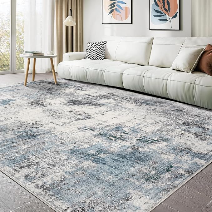 Abstract 8x10 Area Rug: Machine Washable Non Slip Ultra Thin Low-Pile Carpet, Soft Stain Resistant for Living Dining Room Bedroom, Kid Pet Friendly, Robot Vacuum Compatible - Grey Blue