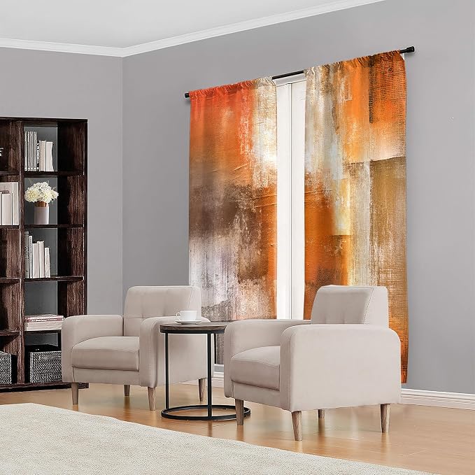 MESHELLY Abstract Burnt Orange Curtains 52W x 63H Inch Rod Pocket Rustic Rust Brown Art Painting Modern Contemporary Watercolor Cool Grey Oil Print Living Room Bedroom Window Drapes Fabric 2 Panel