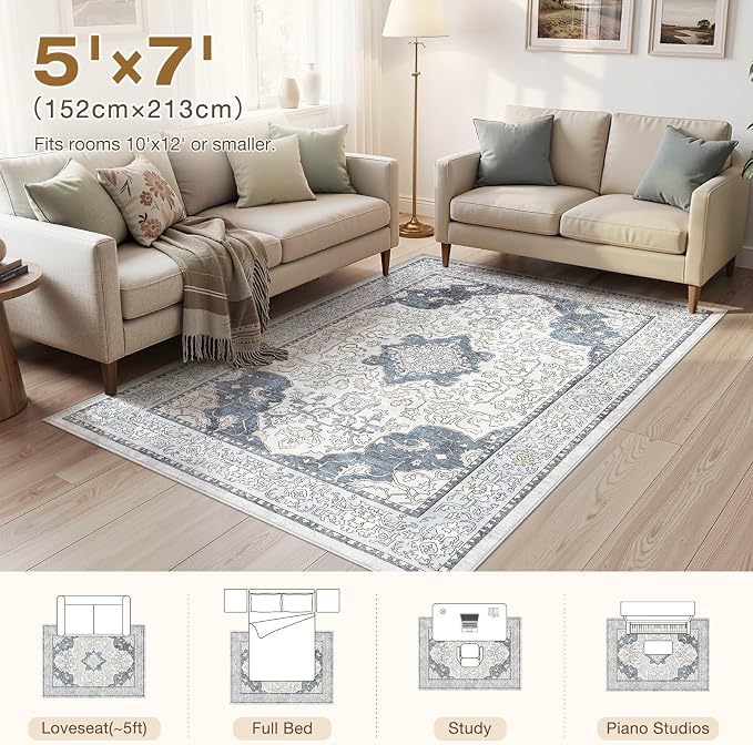cotiled 5x7 Area Rug Machine Washable Vintage Carpet for Living Room Bedroom Soft Non-Slip Backing Floor Mat Kid & Pet Friendly Stain Resistant Light Blue