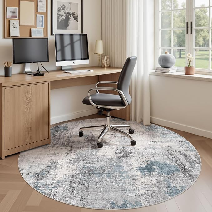 Abstract 5FT Round Rug: Machine Washable Non Slip Ultra Thin Low-Pile Carpet, Soft Stain Resistant for Living Room Bedroom Nursery, Kid Pet Friendly, Robot Vacuum Compatible - Grey Blue