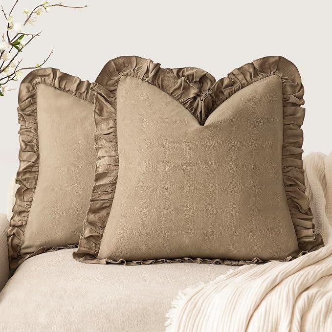 Foindtower Set of 2 Decorative Soild Fringe Ruffle Throw Pillow Covers Soft Boho Farmhouse Cushion Cover Cozy Accent Retro Pillowcase for Couch Sofa Bed Living Room Home Decor,20×20 Inch,Light Brown