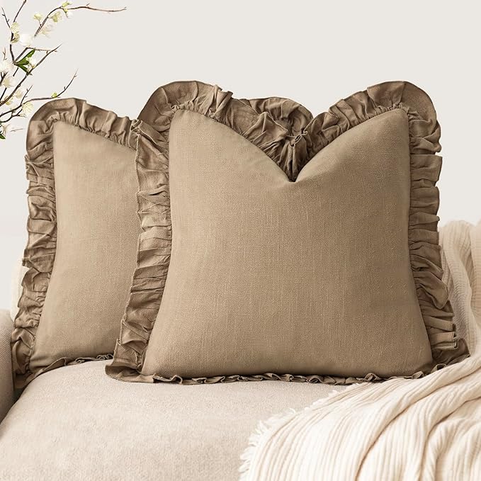 Foindtower Set of 2 Decorative Soild Fringe Ruffle Throw Pillow Covers Soft Boho Farmhouse Cushion Cover Cozy Accent Retro Pillowcase for Couch Sofa Bed Living Room Home Decor,22×22 Inch,Light Brown