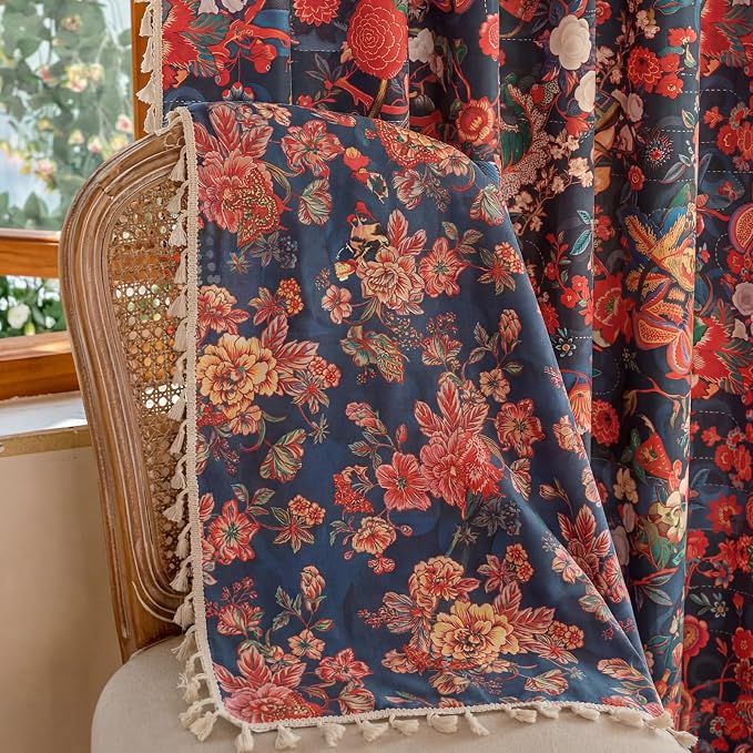 OYX Boho Floral Curtains 96 Inch, Linen Farmhouse Flower Drapes with Lace & Tassels, Light Filtering Semi Sheer Curtains for Living Room Bedroom, 2 Panels
