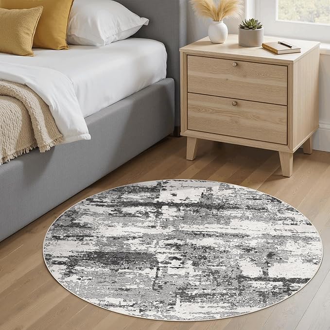 4ft Round Area Rugs for Living Room: 4x4 Abstract Washable Rug Modern Large Soft Stain Resistant Non-Slip Backing Machine Table for Bedroom Dining Room Indoor Home Office Carpet - Black Grey