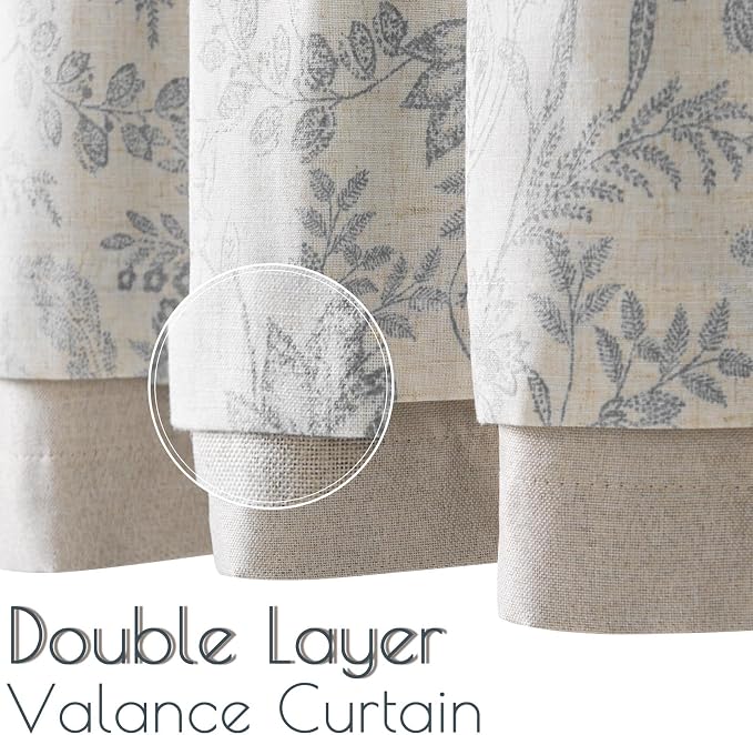 jinchan Linen Valance Curtain Farmhouse Grey Floral Printed Small Window Curtain for Kitchen Rustic Country Light Filtering Valance for Living Room Bedroom 18 Inch Rod Pocket 1 Panel Gray on Beige