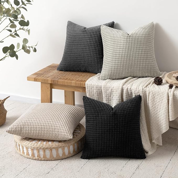 MIULEE Neutral Cream/Grey Decorative Pillow Covers 18x18 Inch Set of 4 | Boho Western Farmhouse Throw Pillows Corduroy Couch Pillowcases Industrial Home Decor for Sofa Living Room Bed